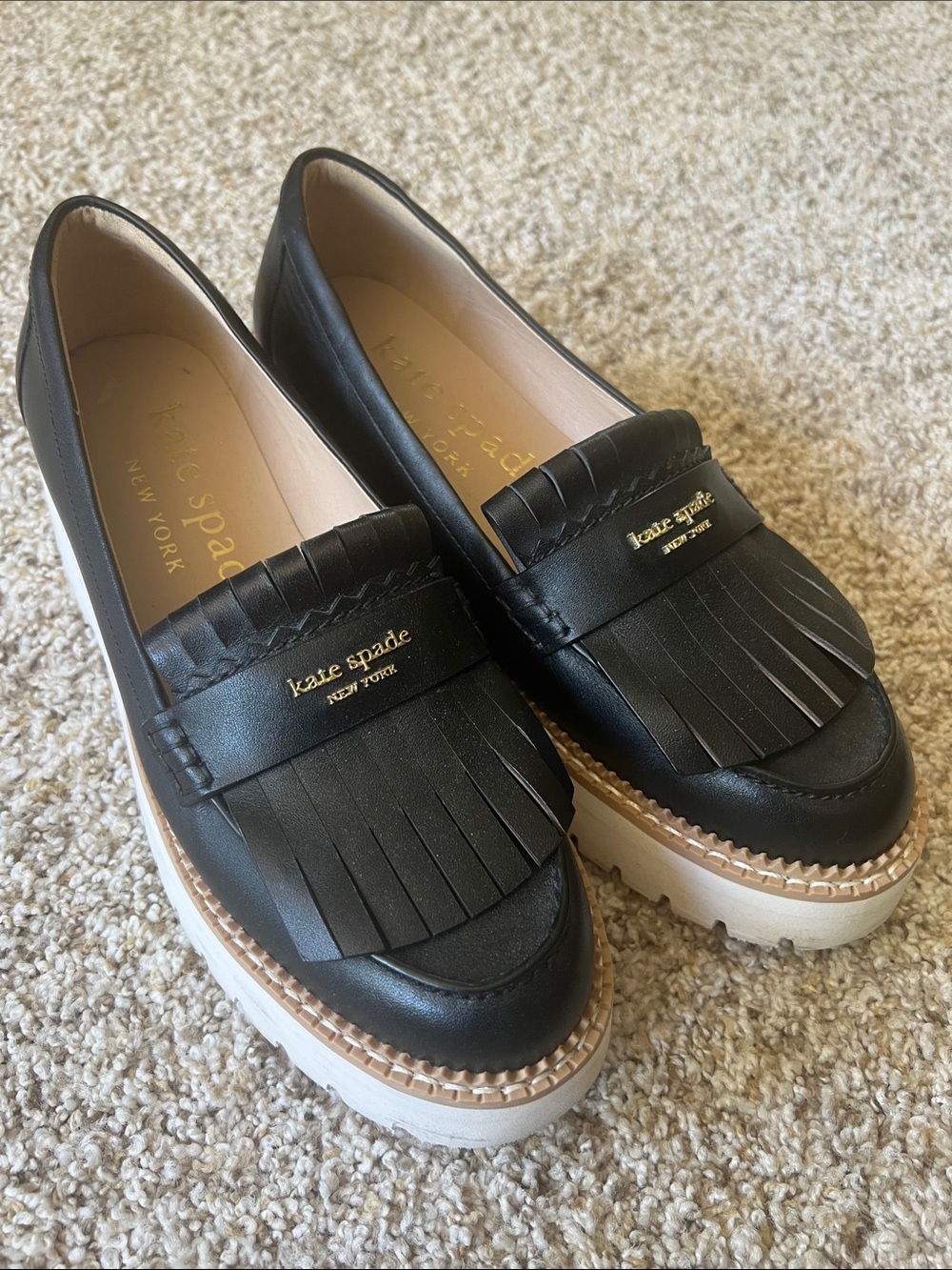 kate spade Black Leather Kiltie Platform Loafers